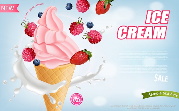 Banner de cono de helado de fresa