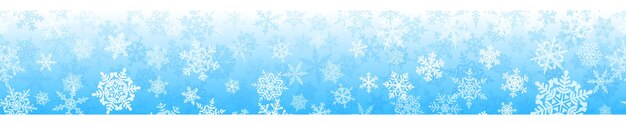 Banner de copos de nieve de Navidad complejos con repetición horizontal perfecta, en colores azul claro. Fondo de invierno con nieve cayendo