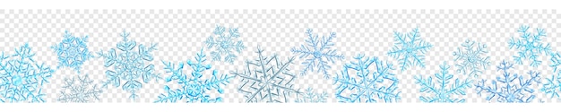 Banner de copos de nieve de Navidad translúcidos grandes y complejos en colores azul claro aislados en fondo transparente Con repetición horizontal sin costuras