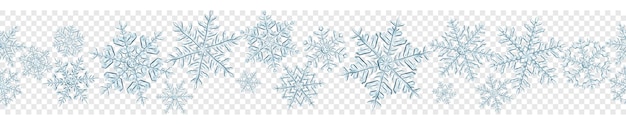 Banner de copos de nieve de Navidad translúcidos grandes y complejos en colores grises aislados en fondo transparente Con repetición horizontal sin costuras