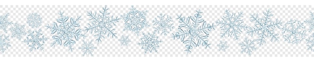 Banner de copos de nieve de navidad translúcidos grandes y complejos en colores grises aislados en fondo transparente con repetición horizontal sin costuras