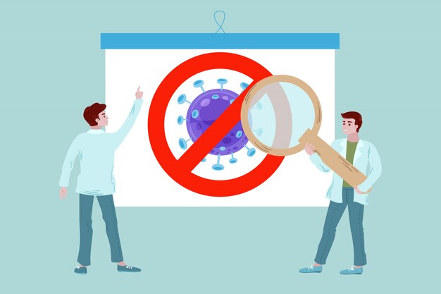 Banner de coronavirus con doctor illustranion. El traje médico de carácter humano examina las micropartículas con lupa.