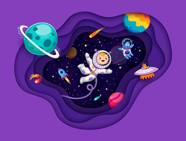 Banner de corte de papel espacial niño astronauta extraterrestre OVNI