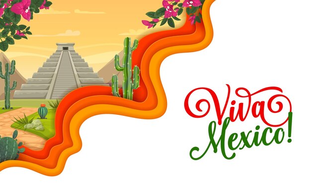 Banner de corte de papel Viva México con pirámide mexicana