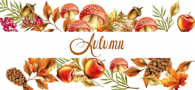 Banner de cosecha de otoño. Carteles de decoración de setas y frutas de otoño