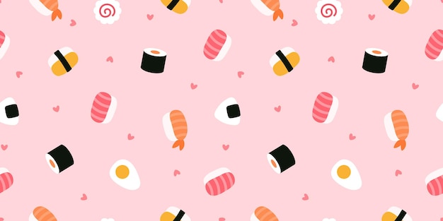 Banner sin costuras con lindos rollos de sushi, huevos, bolas de arroz y corazones rosas