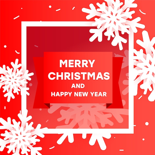 Banner creativo moderno de venta de feliz Navidad y feliz año nuevo con copos de nieve volumétricos de corte de papel, semi-marco, cinta de degradado y texto en rojo.