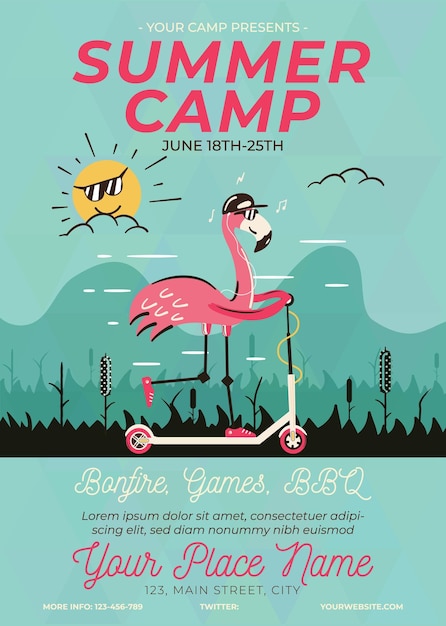 Banner creativo con scooter de flamingo y texto de campamento de verano