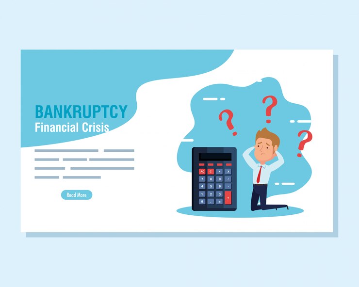 Vector banner crisis financiera de quiebra, empresario preocupado con calculadora