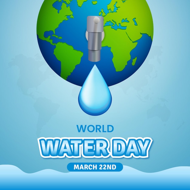 Banner cuadrado del 22 de marzo del día mundial del agua con globo e ilustración de grifo de agua