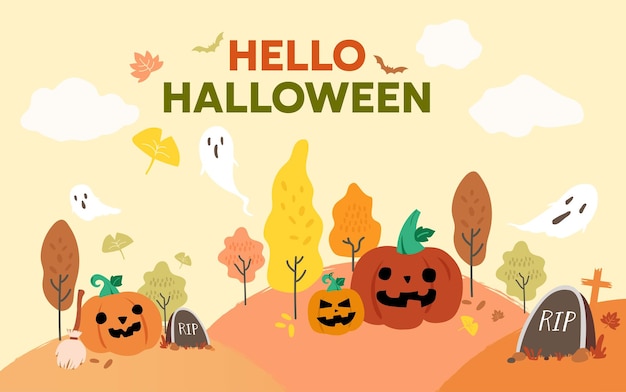 Banner cuadrado de otoño de Halloween. calabazas, árboles y lápidas con fondo de color otoñal.