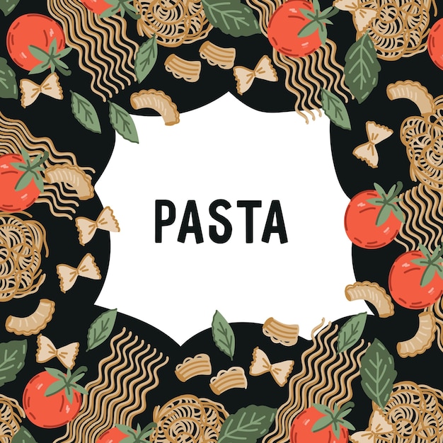 Banner cuadrado de pasta y macarrones o diseño de etiquetas vector plano dibujado a mano ilustración