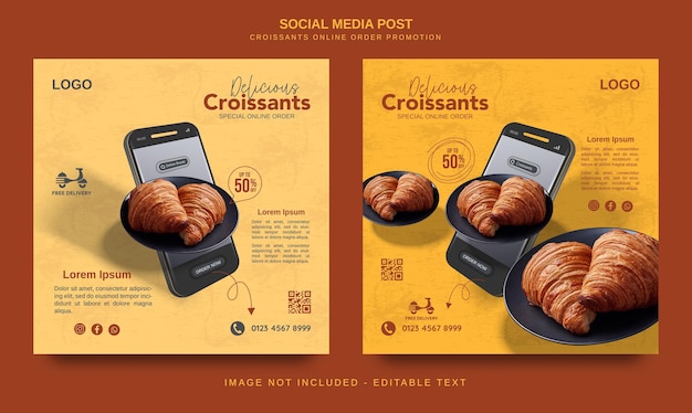 Vector banner cuadrado de promoción de pedidos en línea de croissants para el concepto de publicación en redes sociales