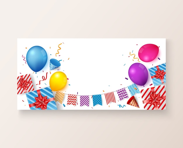 Banner de cumpleaños y celebración con globo de colores