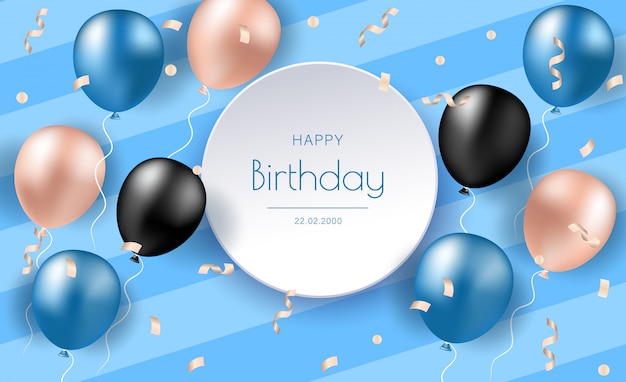 Banner de cumpleaños con globos realistas. Fondo de invitación de fiesta de cumpleaños de celebración con saludos y globos de colores y elementos de cumpleaños