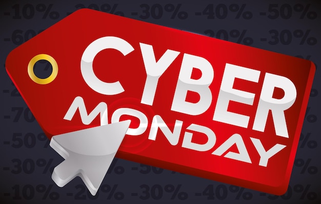 Banner para Cyber Monday con puntero presionando una etiqueta roja como botón web en este día de ofertas en línea