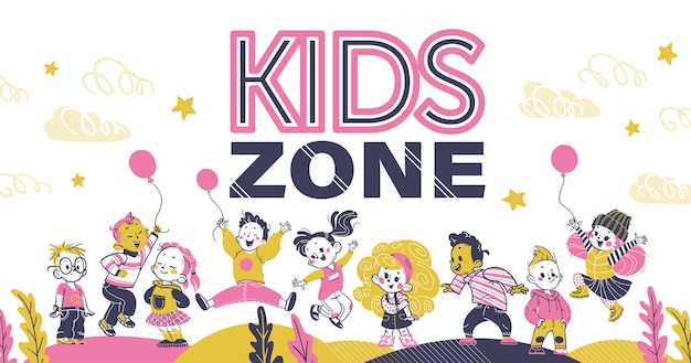 Banner de decoración de fondo de zona para niños con niños juguetones felices en estilo dibujado a mano niños y niñas saltando con globos de aire sonriendo de pie telón de fondo de jardín de infantes ilustración vectorial color amarillo rosa