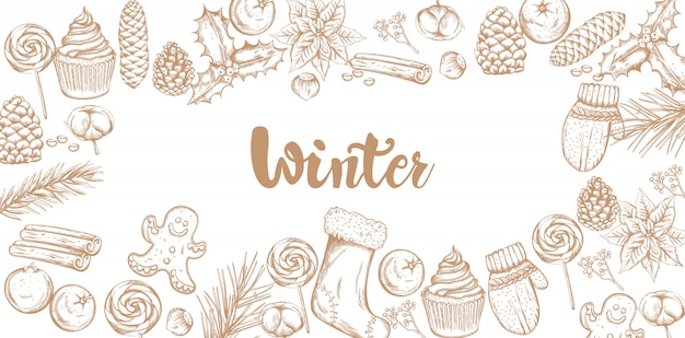 Banner de decoraciones de invierno con adornos
