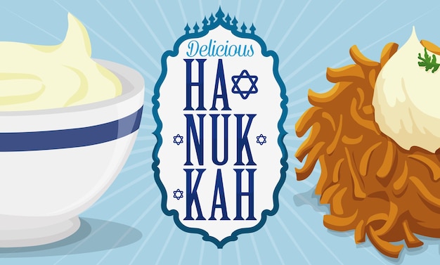 Banner con delicioso latke y salsa de queso listo para ser servido en Hanukkah con una etiqueta de saludo