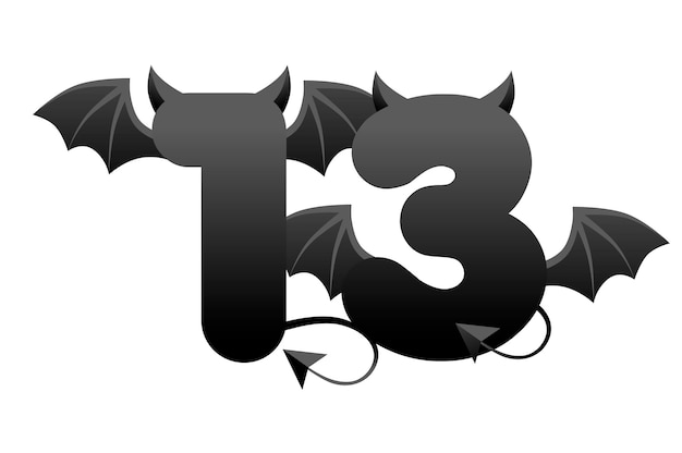 Banner demoníaco número 13, figura negra con alas y cuernos para juegos de interfaz de usuario. Fondo oscuro de la ilustración del vector con el número del diablo.