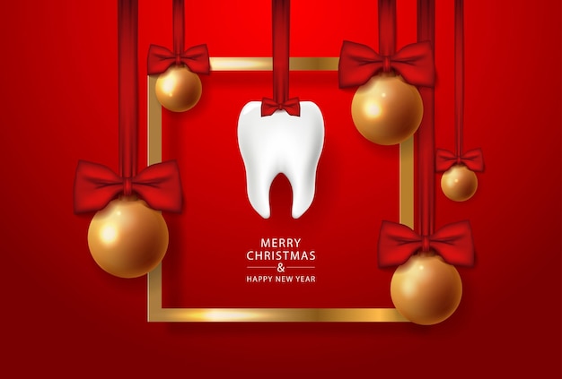 Banner de dentista de Navidad con dientes 3d en cinta en marco dorado. Cartel dental feliz Navidad. Feliz Año Nuevo. Vector