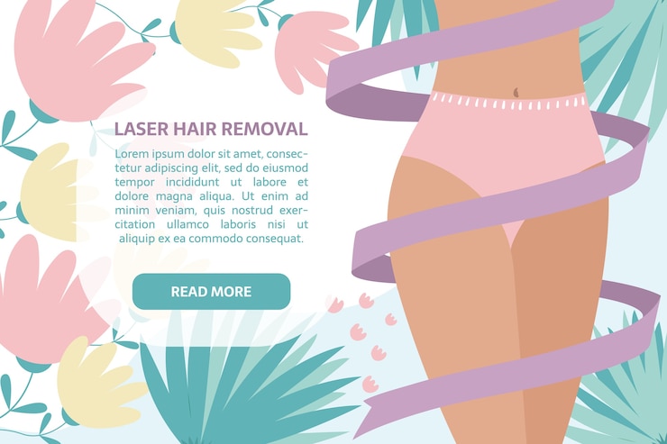 Vector banner de depilación láser. mujer con cinta alrededor del cuerpo, decoración de hojas y flores.