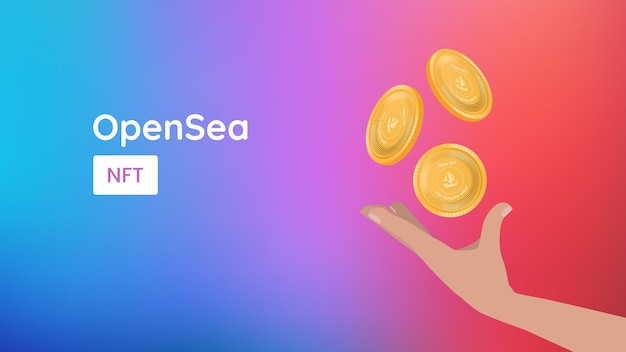 Banner de desarrollo nft de opensea plataforma para vender arte nft mercado de tokens no fungibles ícono de monedas de oro lanzadas a mano