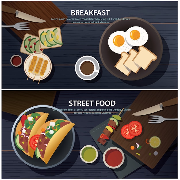 Vector banner de desayuno y comida callejera