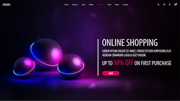Vector banner de descuento de compras en línea con oferta y bolas 3d con anillo de neón sobre fondo oscuro