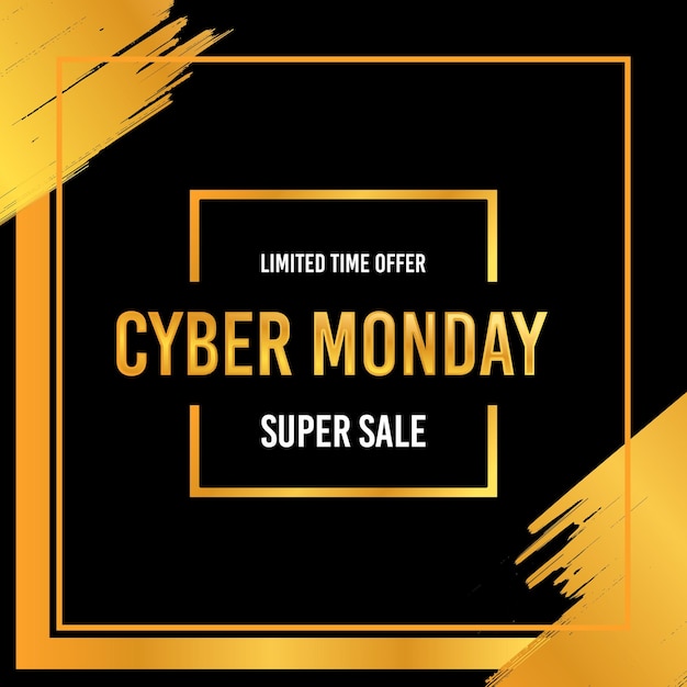 Banner de descuento cyber monday venta diseño plano dorado de lujo