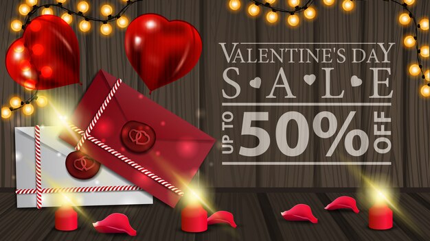Banner de descuento horizontal de San Valentín con cartas de amor.