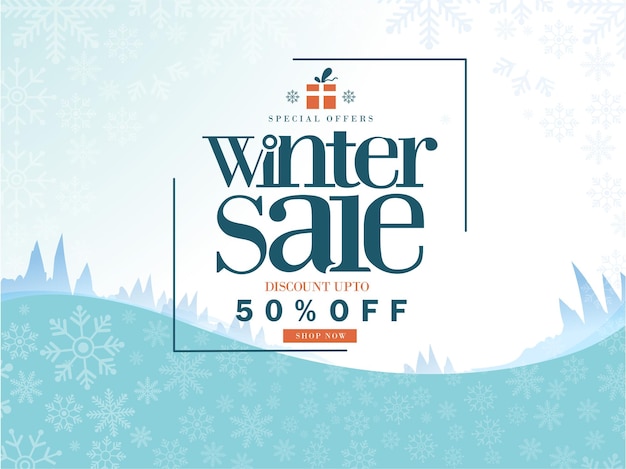 Banner de descuento de invierno con copos de nieve e ilustración vectorial de nieve