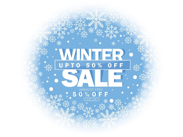 Banner de descuento de invierno con copos de nieve e ilustración vectorial de nieve