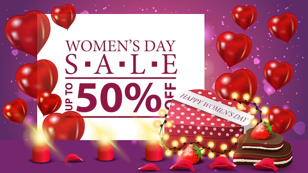 Banner de descuento morado horizontal para el día de la mujer.