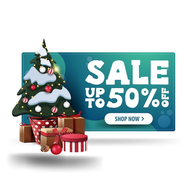 Banner de descuento de Navidad verde, con botón blanco y árbol de Navidad en una olla con regalos