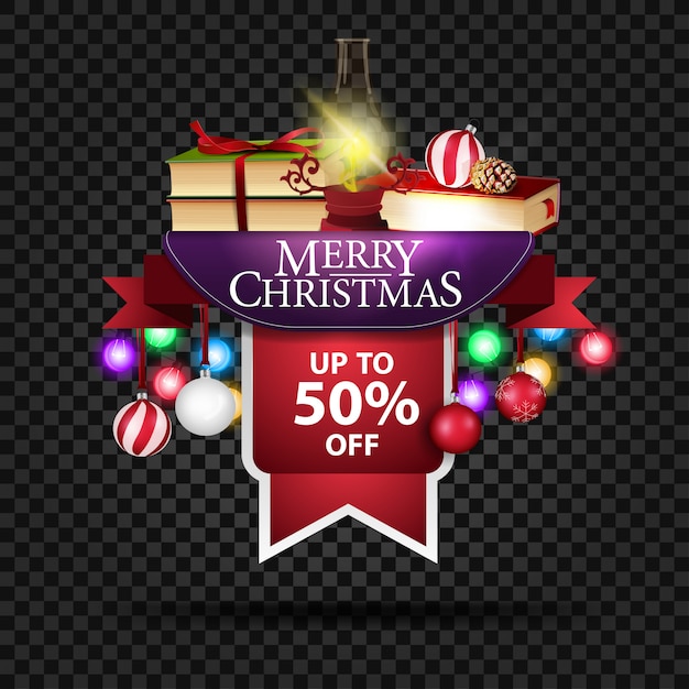 Banner de descuento navideño con hasta 50% de descuento.