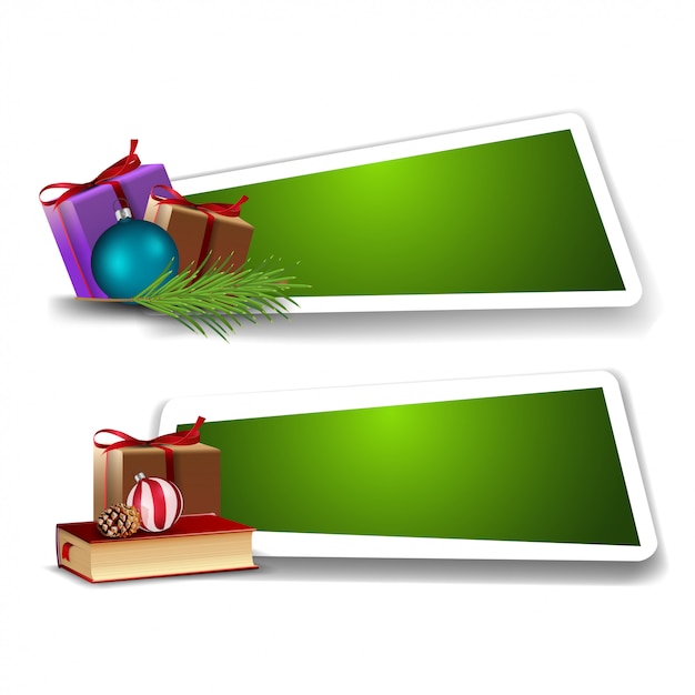 Banner para descuento navideño, plantillas verdes con regalos de Navidad