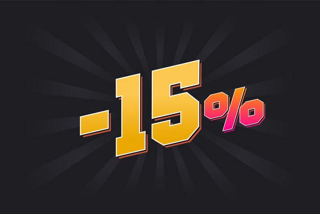 Vector banner de descuento negativo de 15 con fondo oscuro y texto amarillo diseño promocional de ventas del 15 por ciento