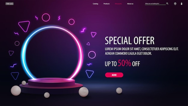 Banner de descuento de oferta especial con podio vacío flotando en el aire con anillo de neón degradado de línea en el fondo