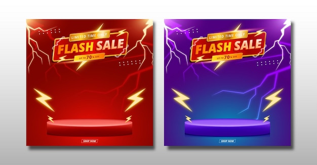 Banner de descuento de oferta de venta flash con podio 3d y relámpago.