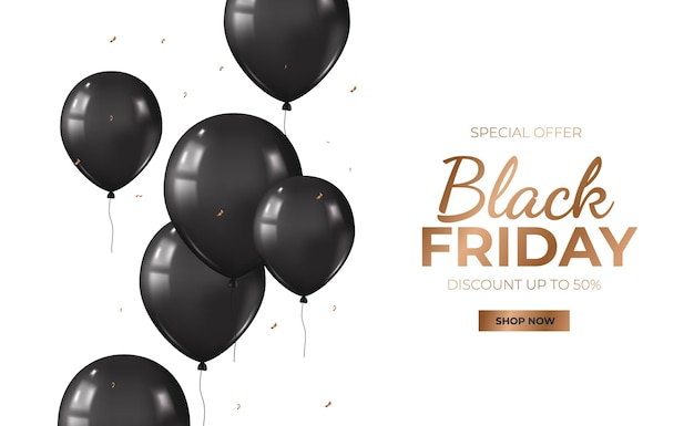 Banner de descuento de promoción de oferta de venta de viernes negro con globo volador negro realista 3d de grupo