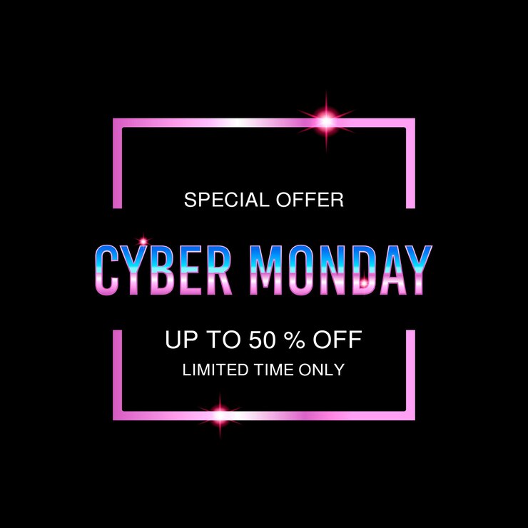 Banner de descuento de venta de resplandor de neón de lujo de Cyber Monday