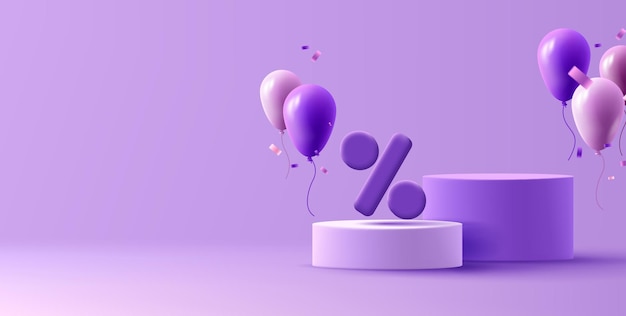 Banner de descuentos con ilustración 3d de globos aerostáticos con confeti y pedestal con gran signo de porcentaje de renderizado redondeado