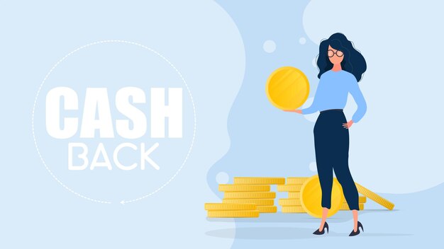 Banner de devolución de dinero. La niña tiene una moneda de oro en sus manos. Mujer con una montaña de dinero. El concepto de ganar y ahorrar dinero.