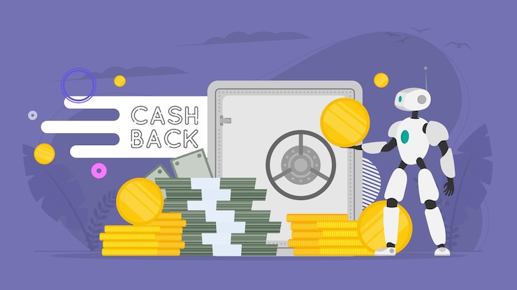 Vector banner de devolución de dinero. el robot tiene dinero. asistente de robot con una moneda de oro en sus manos. una montaña de dinero. dólares, fajos de dinero, monedas de oro. vector.