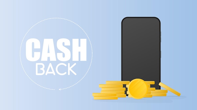 Banner de devolución de dinero. Teléfono realista y monedas de oro. Smartphone moderno