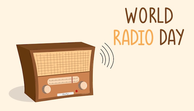 Banner para el día internacional de la radio con radio retro y letras en estilo plano