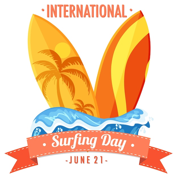 Banner del día internacional del surf con muchas tablas de surf en la playa aislada