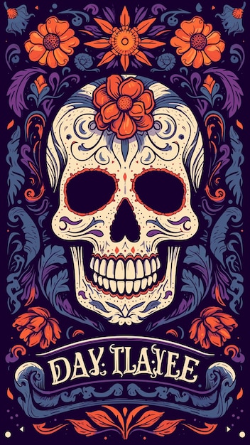 Banner del día de los muertos con flores y calavera ilustración vectorial