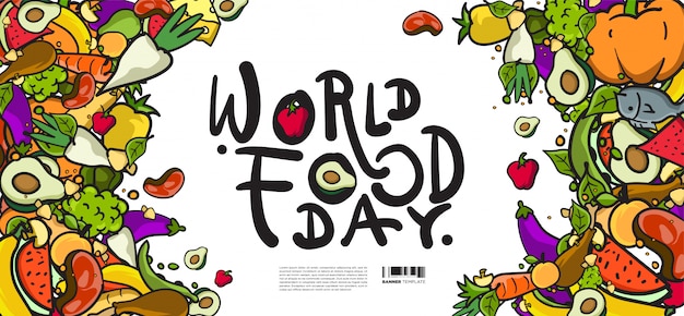 Banner del día mundial de la alimentación. varios alimentos, frutas y verduras